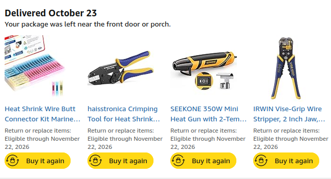 Heat-shrink butt connectors, ratcheting crimper, heat gun, and wire stripper purchased for the installation