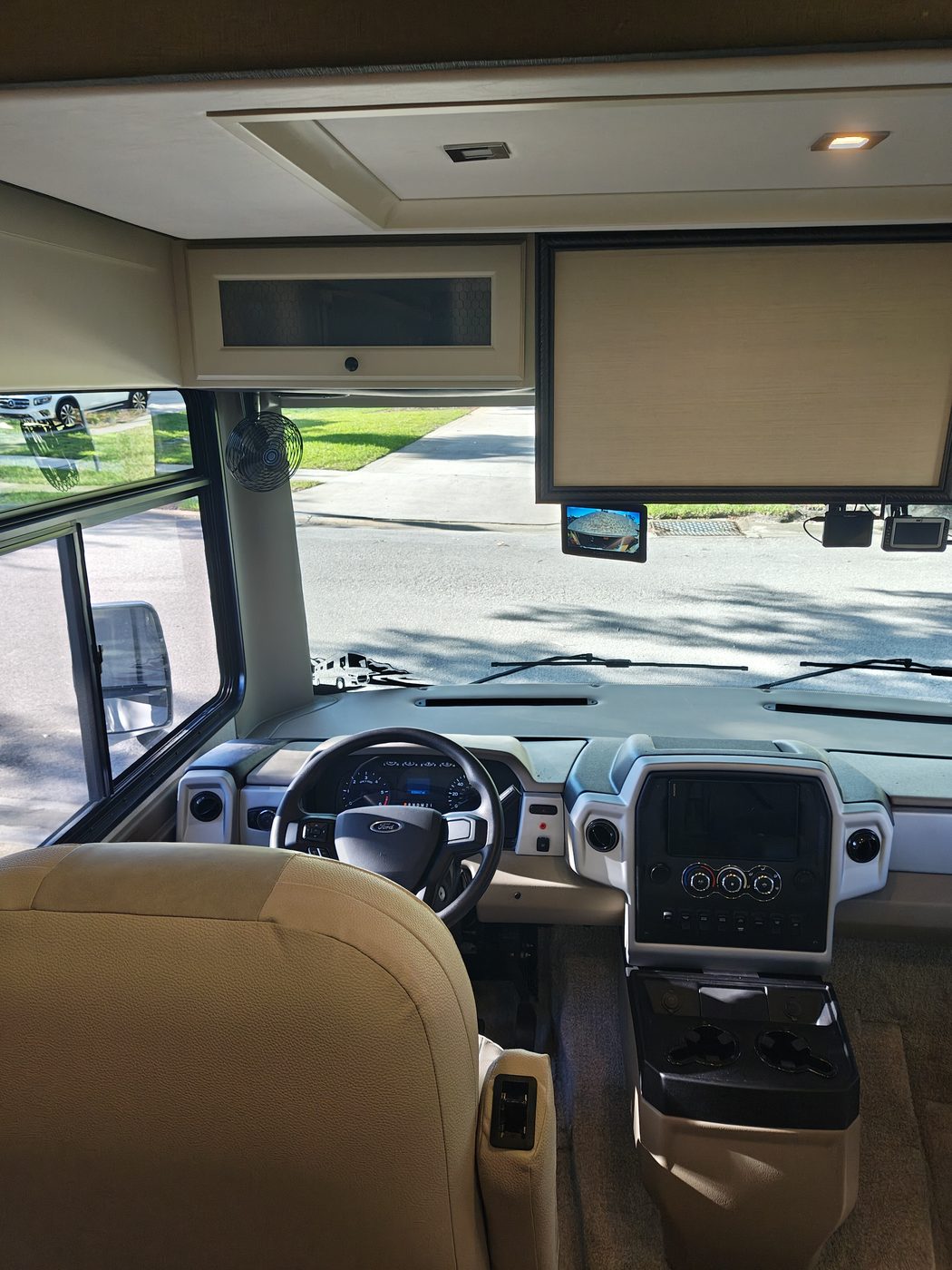 Driver's view of the Furrion monitor mounted above the windshield