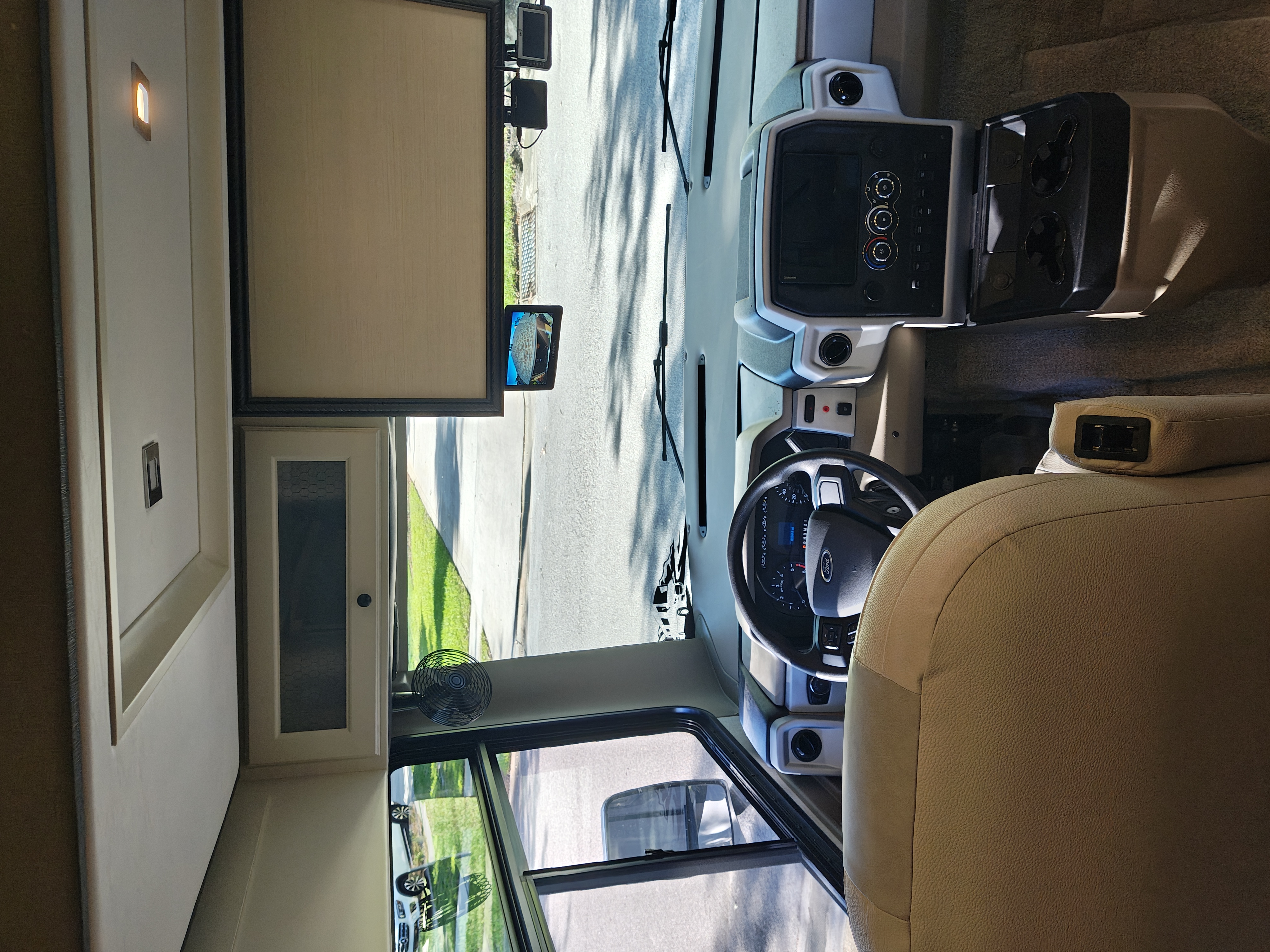 Driver's view of the Furrion monitor mounted above the windshield